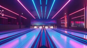 This Bowling lanes illuminated by colorful neon lights create an energetic nightlife setting. photo