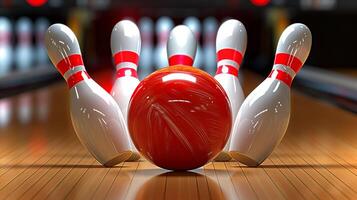 This Party atmosphere with a shiny red bowling ball aiming at the colorful pins in a lively alley. photo