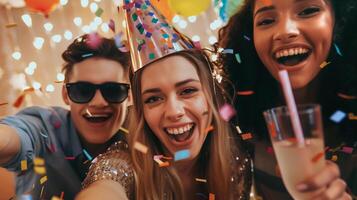 This Friends celebrating joyfully at a lively party with drinks and colorful confetti falling around. photo
