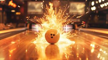 This bowling ball crashes into the pins, creating a vibrant explosion of light and energy at a party. photo