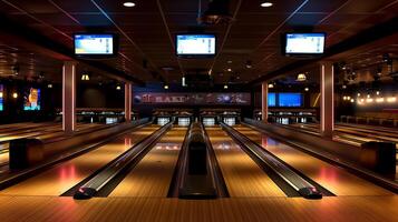 This Lively bowling alleys are busy with friends enjoying a fun night of bowling and drinks. photo
