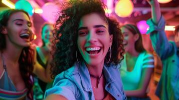 This Friends celebrate together at a fun party filled with laughter and colorful lights. photo
