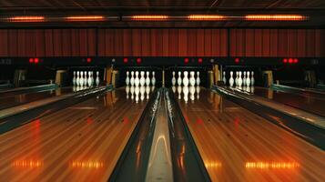 This Bowling scene showcasing well-lit lanes and pins, perfect for a lively party atmosphere. photo