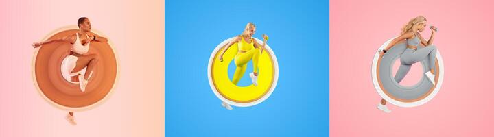 Three fit individuals are engaged in different athletic exercises against colorful backgrounds. Each person showcases their unique workout style, emphasizing a healthy lifestyle. photo
