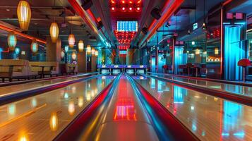 This Bowling enthusiasts enjoy a lively evening filled with fun and excitement in a colorful setting. photo