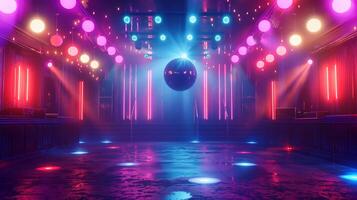This Lively party setting with a dance floor illuminated by colorful lights and a shining disco ball. photo