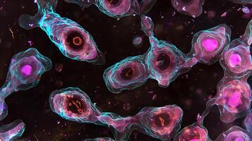 This Colorful representation of pluripotent stem cells under a microscope reveals cell structures. photo