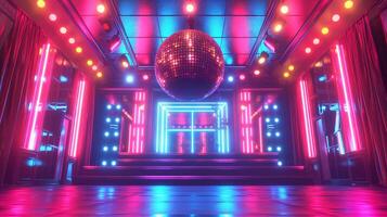This Vibrant lights illuminate a dance floor with a disco ball, perfect for a nightlife event. photo