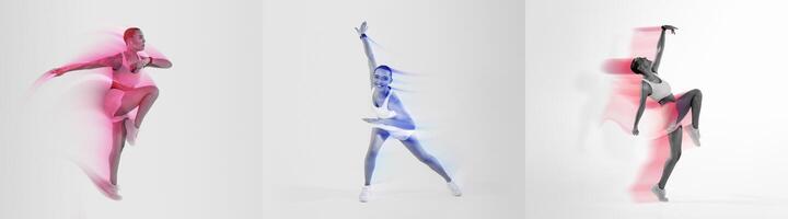 Three athletes perform dynamic exercises, demonstrating strength and agility. The vibrant design highlights their dedication to an active, healthy lifestyle against a minimalist backdrop. photo