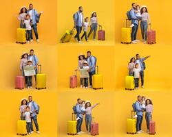 Families are joyfully preparing for their travels with bright suitcases and maps against a cheerful yellow backdrop. Their smiles reflect the excitement of exploration and adventure. photo