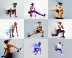 In a vibrant collage, individuals engage in various fitness routines, highlighting strength and agility through stretching, lifting weights, and dynamic movements. photo