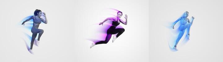Three athletic individuals move energetically, showcasing various workout styles. Their powerful expressions highlight dedication to fitness within a minimalist background, emphasizing their movement. photo