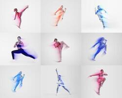 Nine energetic individuals engaged in various workout poses highlight the vitality of fitness. Each figure expresses strength and determination against a clean, isolated background. photo