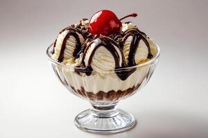 Delightful sundae topped with chocolate and cherry in dessert bowl photo