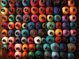 Vibrant assortment of colorful threads displayed on spools photo