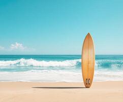 Wooden surfboard on sandy beach with gentle ocean waves photo