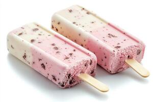 Delicious ice cream bars with chocolate chips on sticks photo