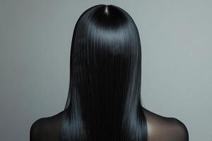Long, sleek black hair with smooth texture against neutral background photo
