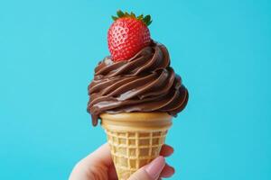 Delicious chocolate ice cream cone with fresh strawberry on top photo