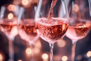 Pouring sparkling rose wine into glasses with soft lighting photo