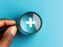 Magnifying glass reveals plus symbol on vibrant background photo