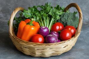 Fresh vegetables in a woven basket at a market setting photo
