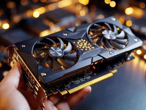 High-performance graphics card held in hand with glowing background photo