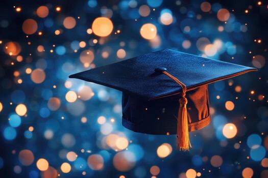 Graduation cap floating against a sparkling blue background photo
