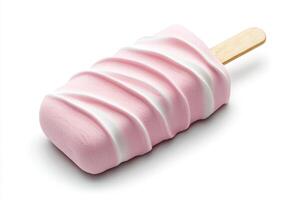 Sweet pink ice cream pop on wooden stick with soft swirls photo