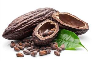 Cocoa pod sliced open to reveal cocoa beans and leaves photo