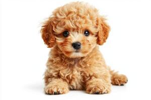 Cute curly puppy lounging on a white surface at home photo