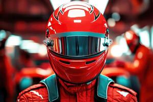 Racing driver in striking red helmet prepares for competition photo