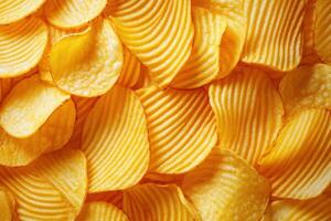 Crunchy golden potato chips arranged neatly on a surface photo