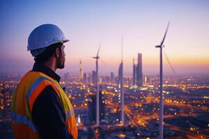 Worker observes city skyline with wind turbines at dusk photo