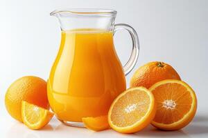 Refreshing orange juice served in a glass pitcher with fruit photo