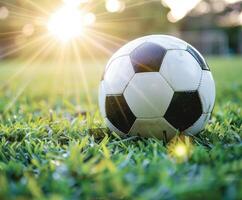Sunlit soccer ball resting on vibrant green grass at dusk photo