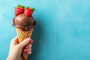 Delicious chocolate ice cream cone topped with fresh strawberries photo