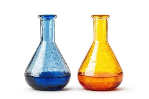 Colorful glass flasks containing liquids in a scientific setting photo