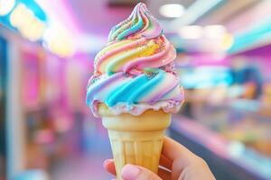 Colorful ice cream cone served in a vibrant dessert shop photo