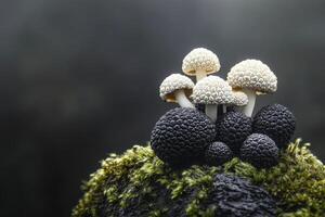 Unique mushrooms grow on mossy stones in a dark forest setting photo