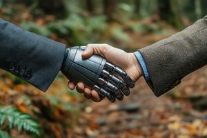 Robot hand shakes with human in forest setting during daytime photo