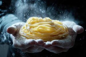 Freshly made pasta in hands with flour dusting photo