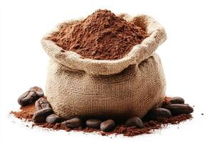 Freshly ground coffee beans in burlap sack with cocoa powder photo