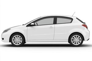 Compact white hatchback parked in a studio environment photo