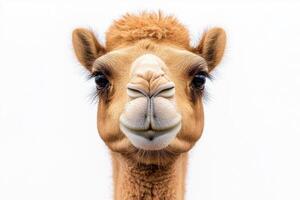 Camel with expressive features against a plain background photo