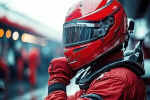 Race car driver prepares in rainy weather before the competition photo