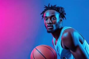 Dynamic basketball player poses with ball under vibrant lights photo