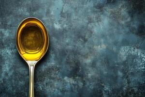 Golden oil in a silver spoon on a textured dark surface photo