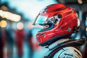 Race car driver preparing for competition at a motorsport venue photo