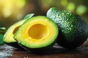 Freshly sliced avocados on a wooden table with drops of water photo